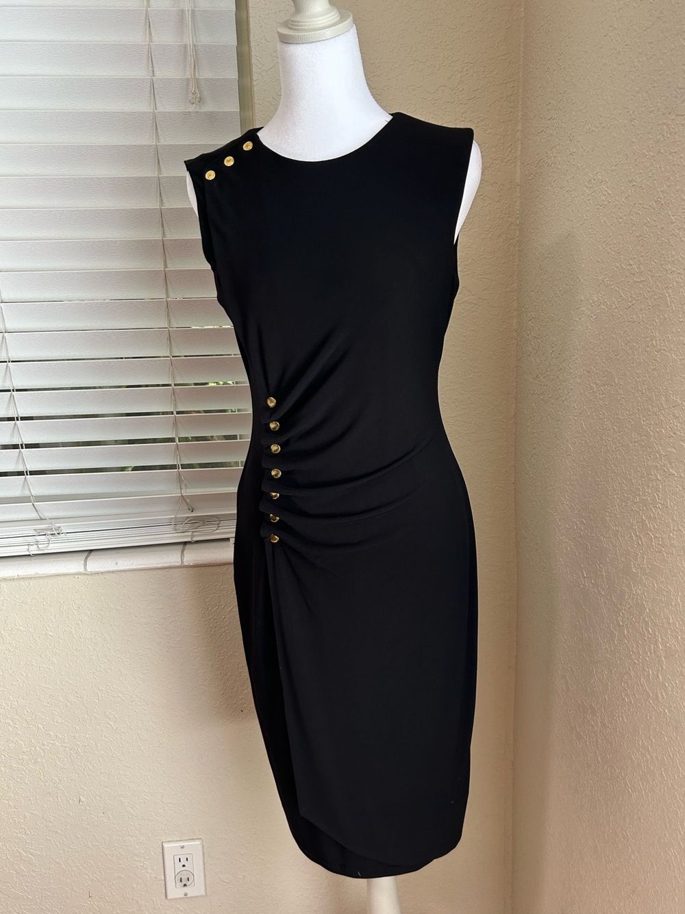 Calvin Klein Black Sleeveless Midi Dress with Gold Button Detailing